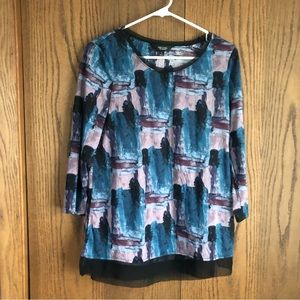 Watercolor print long sleeve side slit sheer accents women’s blouse top size S